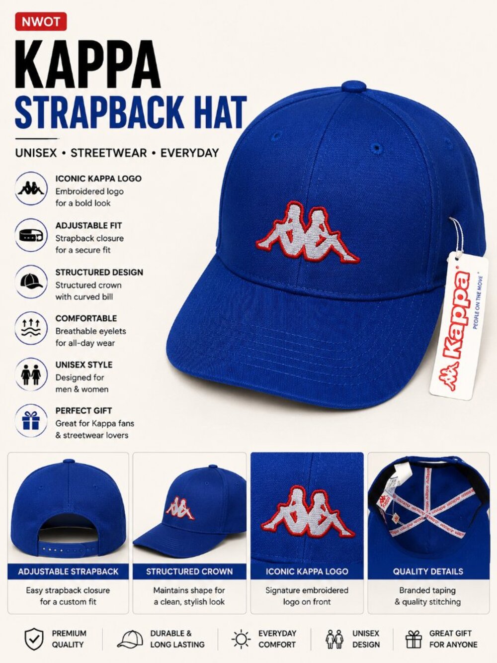 NWOT Kappa Logo Strapback Hat Blue Adjustable Baseball Cap Unisex Streetwear